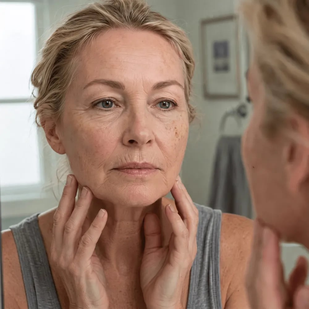 A woman examines her complexion in a mirror, touching her face and neck.